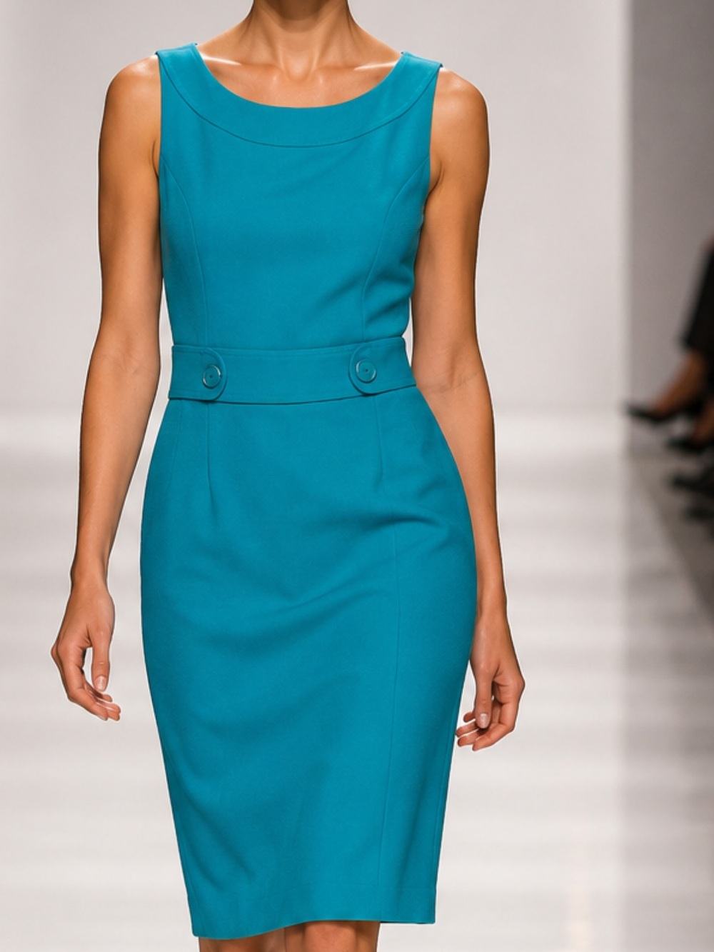 Tahari Teal Sleeveless Sheath Dress with Waist Button Detail